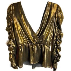 ZARA Gold Metallic Effect Blouse with Gathering